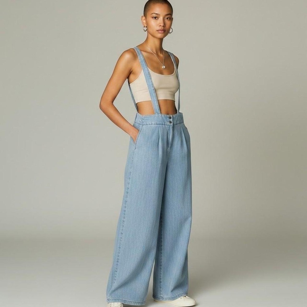 En Creme Wide Leg Denim Overalls Suspender Jumpsuit Large